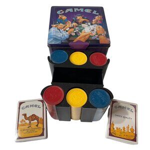 Joe Camel Cigarettes Poker Set 2 Card Decks w Chips Tin Box Vintage 90s